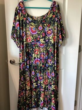 Black Floral Midi Dress with Bright Multi-Color Print